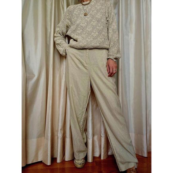 Vintage Linen Blend High Waist Pants: Women's Beige Trousers XL - Picture 7 of 9
